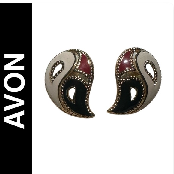 Avon Jewelry - Vintage Avon Paisley Enamel Clip-On Earrings | Red, Black & Cream Gold Tones